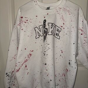 unisex White Sweater Nike Halloween logo with Red Splatter